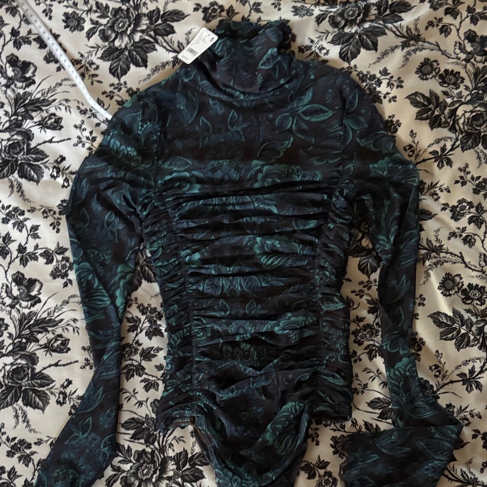 Free People Floral Ruched Long Sleeve Top - Black and Green